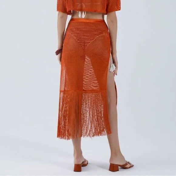 My Beachy Side Camelia Maxi Skirt mesh fringe rust midi resort NWT M swim - Picture 5 of 9